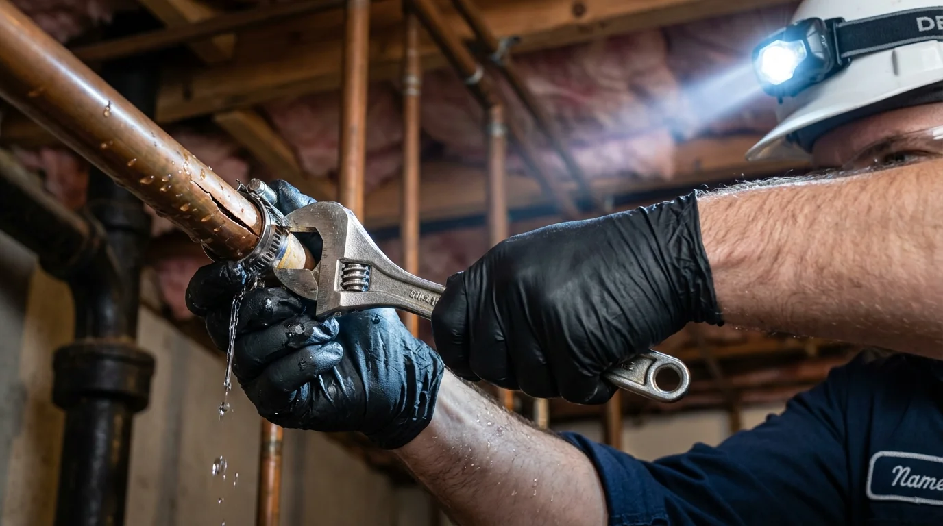 Emergency pipe clamp repair being performed by a Johns Plumbing LLC plumber in Barron